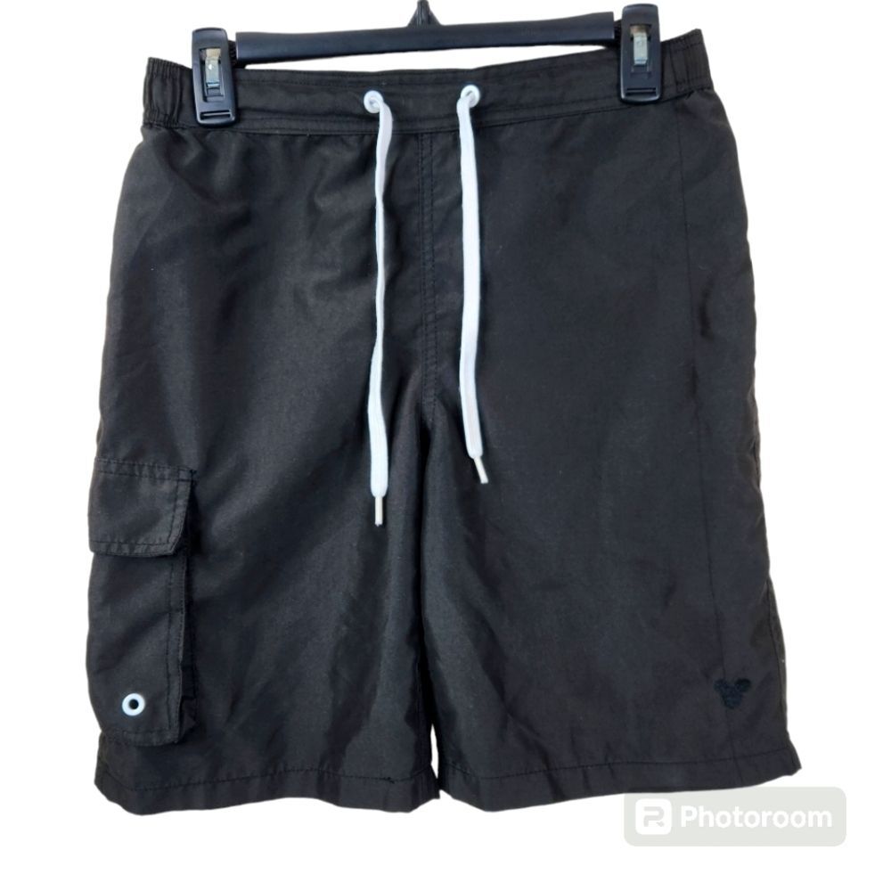Disney Mens All Black Single Pocket Mickey Mouse Logo Drawstring Swim Trunks Sm